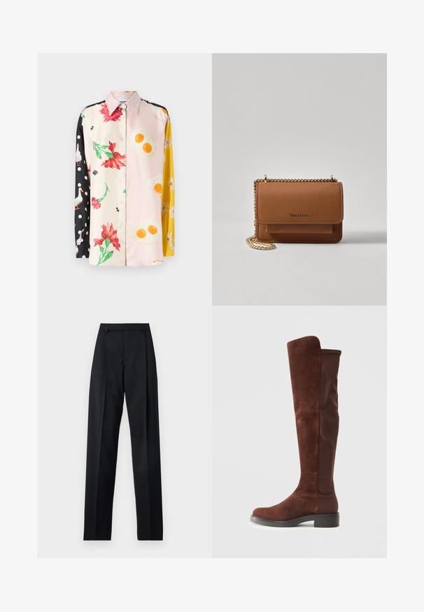 Színes ing, amely virágos és étkezési mintákat tartalmaz; az anyaga selyem. Az egyik ujj fekete pöttyös, sárga virágmintás kiegészítőkkel.; Fekete nadrág sima anyagból, magas derékkal, széles lábakkal, elülső redőkkel és klasszikus övhurkokkal. Oldalzsebek nem láthatók.; Magas barna velúr és szövet csizma alacsony fekete sarokkal és kerek orral, oldalnézetben, sima fehér háttér előtt bemutatva.; Barna textúrájú bőr keresztbody táska arany lánc pánttal és fedélzárral. Az elején logó részlet és egy zseb található a fedél alatt.