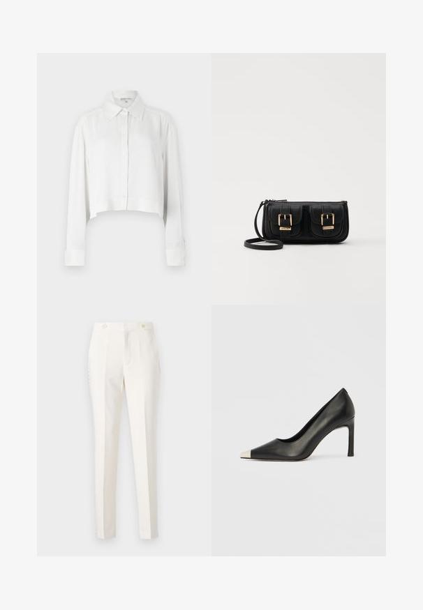 Camisa branca curta com mangas longas, fecho frontal com botões e colarinho clássico. Tecido suave com punhos estruturados e design minimalista.; Calças brancas ajustadas com um corte slim, apresentando dois bolsos frontais, fecho de botão duplo e detalhes laterais discretos. Textura suave.; Sapato de salto alto em couro preto com bico apontado e biqueira metálica prateada. Apresenta um acabamento liso e um salto esguio de 10 cm.; Bolsa de ombro em couro preto com dois bolsos frontais, fivelas douradas, fecho de zíper e uma alça fina. Superfície texturizada e forma retangular compacta.