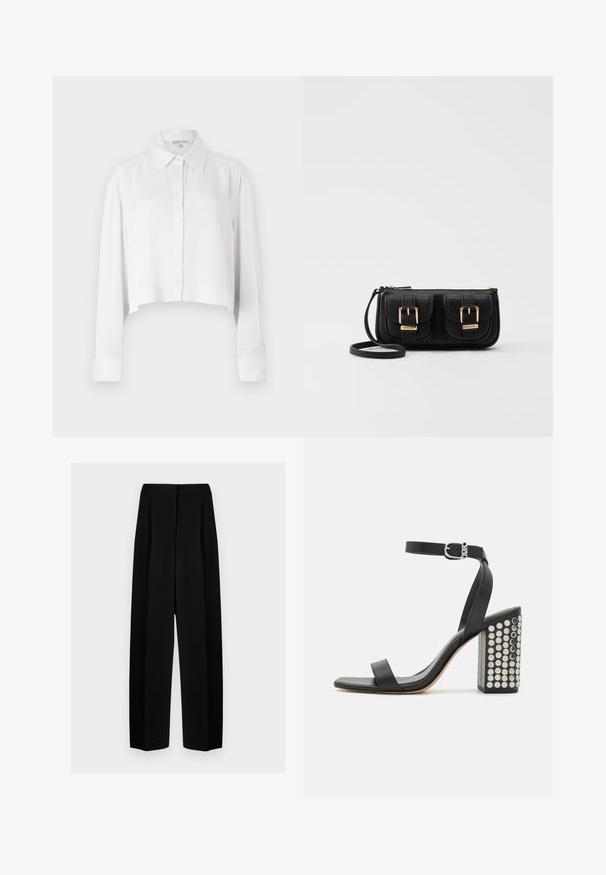 White cropped shirt with long sleeves, button-down front, and classic collar. Smooth fabric with structured cuffs and minimalist design.; Black wide-leg trousers with a high waist, featuring pleats and a smooth texture. The fabric appears lightweight and drapes elegantly.; Black leather heeled sandals with an ankle strap. Features a square toe, smooth texture, and square block heel adorned with silver studs.; Black leather crossbody bag with two front pockets, gold buckles, zipper closure, and a slim strap. Textured surface and compact rectangular shape.