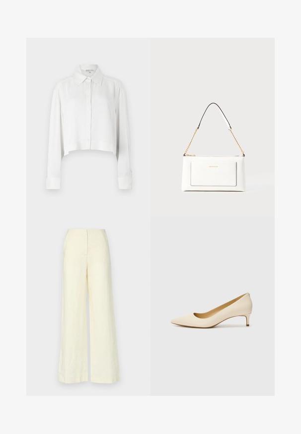 Hvit cropped skjorte med lange ermer, knapper foran og klassisk krage. Glatt stoff med strukturerte mansjetter og minimalistisk design.; Faithfull the brand LULEA PANT - Bukse - white; Beige spisset tå pumpe laget av glatt syntetisk materiale, med lav hæl og en slip-on design med en subtil bakdetalj.; Hvit lærveske med teksturert overflate, utstyrt med gullkjede for å bære over skulderen og svarte detaljer. Inkluderer en frontlomme og glidelås.