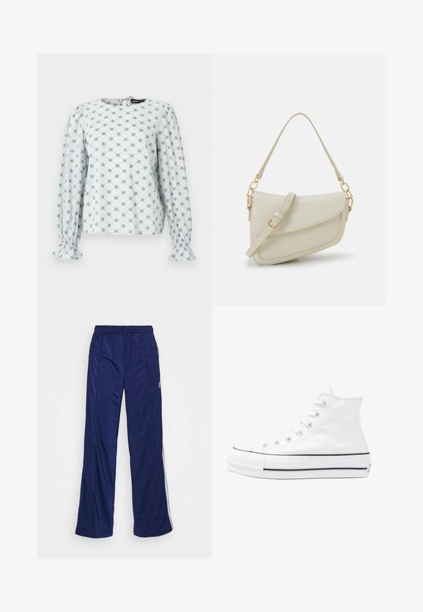 Svetlo modra bluzica z dolgimi rahlo napihnjenimi rokavi, ki ima cvetlični diamantni vzorec v mornarsko modri barvi. Elastični manšeti in zapiranje na ključavnico na hrbtni strani.; Mornarske športne hlače z elastičnim pasom, ravnimi nogami in stranskimi zadrgami. Imajo bele obrobe vzdolž strani. Gladka tekstura tkanine.; Beli visoki platneni športni čevelj z črnim gumijastim podplatom, sprednjim gumijastim zaščitnikom za prste in šestimi luknjicami za vezalke, ki se ponaša s preprostim, minimalističnim dizajnom.; Mala kremna torbica z teksturiranim zaključkom, dolgim nastavljivim trakom, verižnim poudarkom in zapiranjem na poklop. Detajli iz zlatega kovinskega materiala.