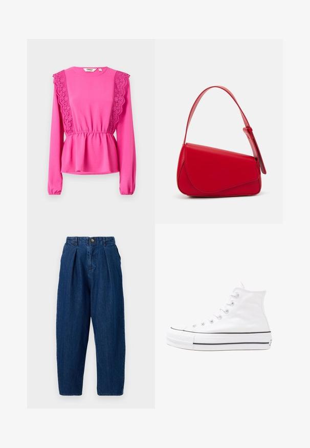 Fukšijas garas piedurknes blūze ar mežģīņu detaļām uz pleciem, savilkta vidukļa daļa un teksturēta auduma. Apaļa kakla izgriezums ar elastīgām aprocēm.; Tumši zila džinsus bikses ar brīvu piegriezumu, ar krokām priekšpusē, pogu aizdari un sašaurinātiem gurniem.; Balti augstie kanvas sporta apavi ar melnu gumijas zoli, priekšējo gumijas purngalu un sešām acīm lencēm, kuriem ir tīrs, minimālistisks dizains.; Sarkans ādas rokassomi ar stūrainu, ģeometrisku dizainu. Iekļauj vienu regulējamu siksnu un vāku ar izšūtu detaļu.