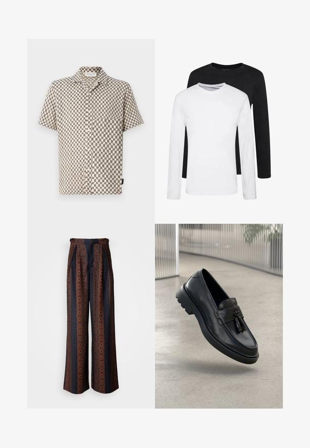 Lyhythihainen nappikauluspaita, jossa on beige-ja-musta ruutukuosi, valmistettu teksturoidusta kankaasta ja jossa on rintatasku.; Kaksi pitkähihasta paitaa, yksi musta ja yksi valkoinen, puuvillasta valmistettuja, pyöreäkaula-aukolla ja sileällä pinnalla, esillä pinoamalla.; Vaaleat lahkeet tummansinisestä kankaasta, jossa on monimutkainen oranssi geometrinen kuvio, laskostettu etuosa ja istuva vyötärö.; Mustat nahkaiset loafersit, joissa on sileä pinta, koristeellinen hapsu, paksu kumipohja ja ommellut yksityiskohdat. Kevyt ja virtaviivainen muotoilu.