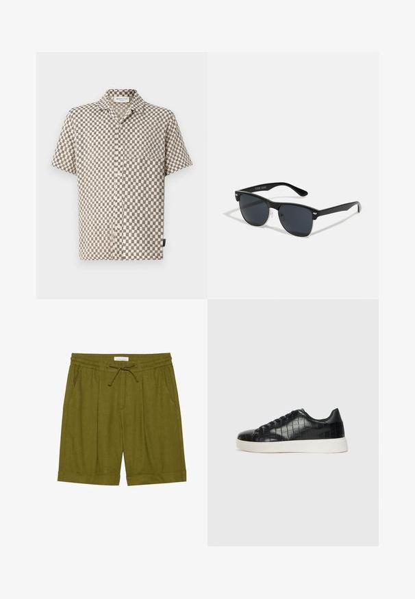 Camicia a maniche corte con bottoni, caratterizzata da un motivo a scacchi beige e nero, realizzata in un tessuto testurizzato e dotata di taschino sul petto.; Shorts verde oliva realizzati in tessuto morbido, dotati di una cintura elastica con cordoncino, due tasche laterali e orli rifiniti.; Sneaker nere con una toma superiore in pelle con effetto croc embossato, punta rotonda e suola in gomma bianca a contrasto con una finitura liscia.; Occhiali da sole neri con forma rettangolare, lenti scure, dettagli in argento alle tempie e finitura opaca sulla montatura.
