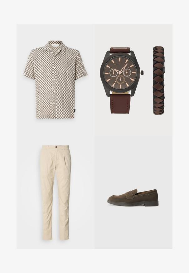 Košulja kratkih rukava s gumbima koja ima bež i crnu šahovsku uzorak, izrađena od teksturirane tkanine s džepom na prsima.; Bež muške hlače slim-fit s petljama za remen, zatvaranjem na gumb i prednjim nabranim detaljima, rasprostrte na bijeloj pozadini.; Smeđi antilop mokasini s округлим nosom, trakom preko gornjeg dela, i ravnim gumiranim đonom. Jednostavan dizajn s čistim linijama i minimalnim detaljima.; Pier One SET - Ručni sat - black/brown