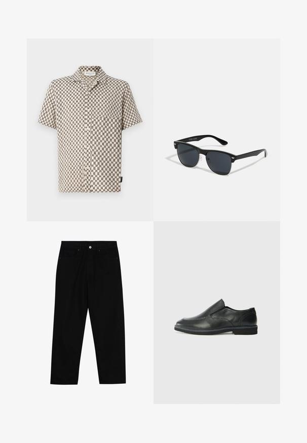 Trumpos rankovės mygtukų marškiniai su smėlio ir juodo langelių raštu, pagaminti iš tekstūruotos medžiagos, su krūtinės kišene.; Juoda džinsinė kelnė su tiesiu kirpimu, penkių kišenių dizainu ir priekiniais mygtukais. Lygus paviršius su minimaliu siuvimo detalėmis.; Juodai odiniai įtvirtinimo batai su lygiu paviršiumi, siuvinėjimo akcentais, apvalia nosimi ir žemu guminiu kulnu. Pado raštas minimalus.; Juodos saulės akinių su stačiakampiu rėmeliu, tamsiais lęšiais, sidabrinėmis detalėmis šventrajose ir matinio paviršiaus rėmeliu.