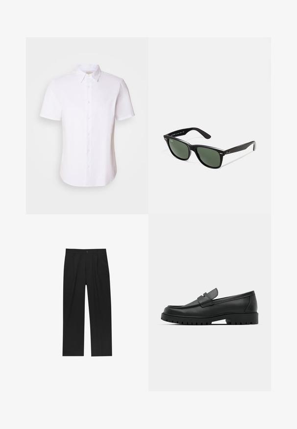 Bijela kratkosleeve majica od pamuka, s klasičnom ovratnikom, dugmadi na prednjoj strani i malim CK logotipom na prsima. Glatka tekstura.; Crne hlače ravnog kroja, izrađene od glatkog materijala. Imaju prednje nabore i jedan dugme na struku.; Crne kožne mokasine s zaobljenim vrhom, s ušivenim dizajnom, niskom platformom i teksturiranim, gumenim potplatom s izbočinama.; Crne plastične sunčane naočale s zelenim staklima, kvadratni okviri, srebrni naglasak na obrvi i teksturirane ručke. Naziv brenda naveden na unutrašnjoj strani ručke.; Smeđa kožna torba za messenger s ravnim prednjim poklopcem, dva remena, zlatnim hardverskim detaljima i podesivim remenom za rame.
