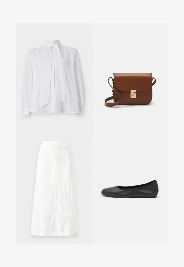 White blouse featuring a high collar, long sleeves, and a decorative tie at the neck. The fabric has a subtle textured pattern.; Knit white midi skirt featuring a textured pattern with vertical lines and cut-out details near the hem. Elastic waistband. Soft material.; Black leather ballet flat with a rounded toe, smooth texture, minimal stitching detail, and a flexible sole design.; Brown leather handbag with a flap closure, gold-tone hardware, a shoulder strap, and a smooth texture. Compact rectangular shape.