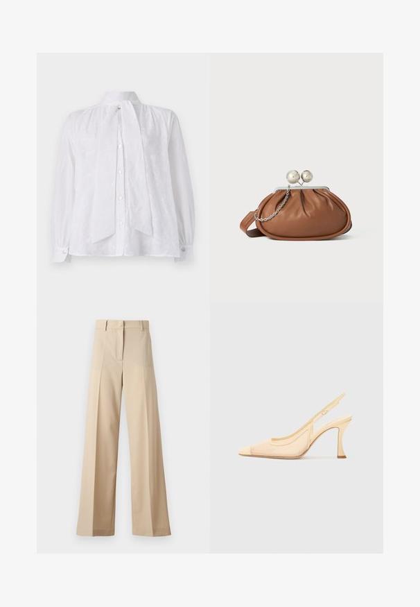 Balta palaidinė su aukštu apykakle, ilgomis rankovėmis ir dekoratyvia kaklo juosta. Medžiaga turi subtilų tekstūrinį raštą.; Smėliniai plačių kojų kelnių pagamintos iš lygaus audinio, su plokščiu priekiu su klostėmis, užtrauktuku ir kilpomis diržui. Visapusiškai pritaikyta forma.; Šviesiai béžinės spalvos tinkliniai aukšti kulniukai su smailiu pirštu ir plonu, kreivatu kulnu, kuriuose yra minimalistinė sagties detalė.; Ruda odinė rankinė su sidabriniu rutuliniu užsegimu ir maža sidabrine grandinėle ant balto fono.