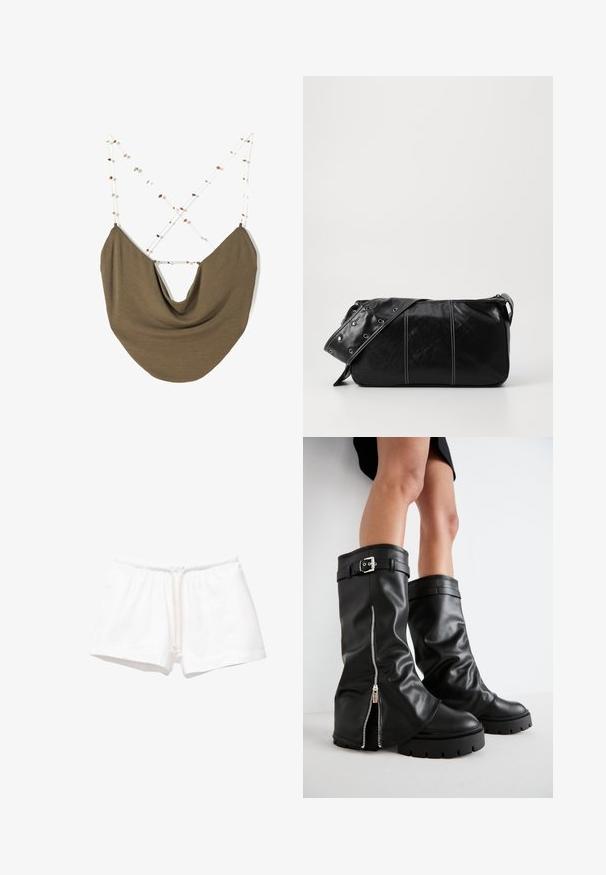 Hnedá textilná taška s mäkkým drapovaným tvarom. Popruhy sú vyrobené z tenkých bielych šnúr s malými, viacfarebnými korálkami, prekrížené na chrbte.; Svetloružový tielko s šedým lemovaním a nastaviteľnými tenkými ramienkami, so veľkým, centrálnym šedým logom "adidas". Bavlnený materiál.; Biele bavlnené šortky s elastickým pásom a šnúrkou, s hladkou textúrou bez vzorov alebo ďalších akcentov.; Čierne kožené vysoké čižmy po kolená s širokým nohavičkou, so bočným zipsom a detailom s prackou, štruktúrovaným povrchom a robustnou gumovou podrážkou.; Čierna kožená kabelka cez plece so zipsovým uzáverom, so štruktúrovaným telom, bielym prešívaním a popruhom so striebornými očkami.