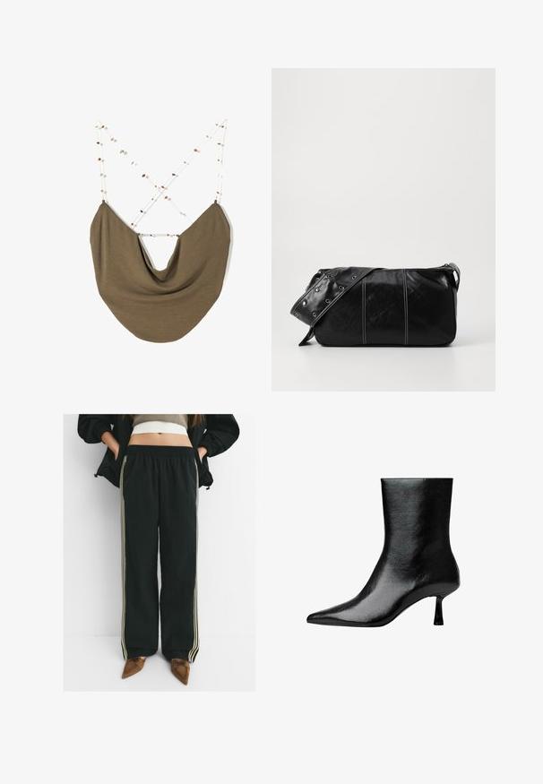 Barna szövet táska, puha, redőzött formával. A pántok vékony fehér zsinórból készültek, kis, színes gyöngyökkel, hátul keresztben átkötve.; Fekete, laza szabású joggingnadrág, elasztikus derékpánttal és oldalsó zsebekkel, világos bézs csíkokkal a lábak mentén.; Fekete bokacsizma fényes bőrből, hegyes orral és karcsú sarokkal, sima textúrával és minimalista dizájnnal.; Fekete bőr válltáska, cipzárral zárva, texturált felülettel, fehér varrással és ezüst fémgyűrűs pánttal.
