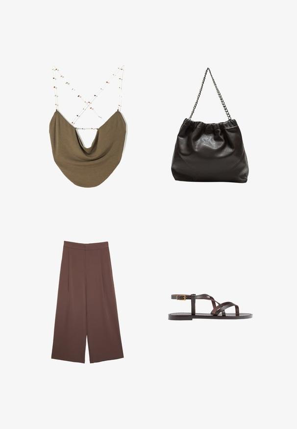 Ruskea kangaskassi, jossa on pehmeä drapattu muoto. Olkaimet ohutta valkoista nyöriä, joissa on pieniä monivärisiä helmiä, ristikkäin takana.; Ruskeat leveälahkeiset housut, joissa on sileä pinta, korkea vyötärö ja etupleat. Kangas on kevyttä ja laskeutuu väljänä.; Ruske kožne sandale s križnim trakama, zatvaranjem na kopču oko gležnja i ravnim potplatom s minimalnim detaljima šivanja.; Ruskea nahkainen laukku, jossa on kerätty yläosa ja ketjuhihna. Tasainen pinta, jossa kiiltävä viimeistely ja hienovaraiset sauman yksityiskohdat sivuilla.