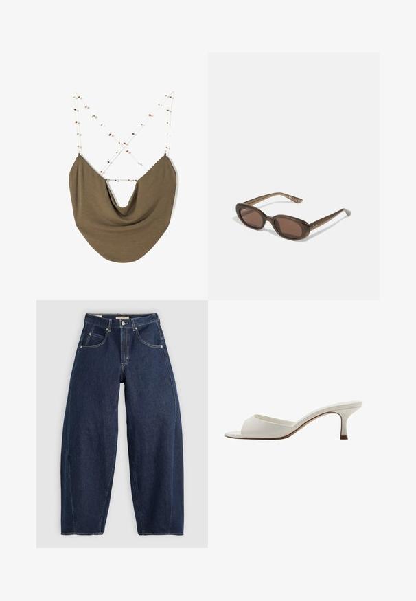 Brun tygväska med en mjukt draperad form. Remmar av tunn vit snöre med små, färgglada pärlor, korsade på baksidan.; Mörkblå denimjeans med en lös passform, ljusa sömmar, fem fickor och knappstängning vid midjan.; Vita öppna högklackade mules med en slät yta, minimalistisk design och en slank klack, med en subtil brun accent på sulan.; Bruna ovala solglasögon med mörka linser. Bågen har ett transparent brunt material och har en logotyp tryckt på stängerna.; Brun läderhandväska med dubbla handtag, detaljer i guld och en strukturerad design. Har en central lock med en ögla.