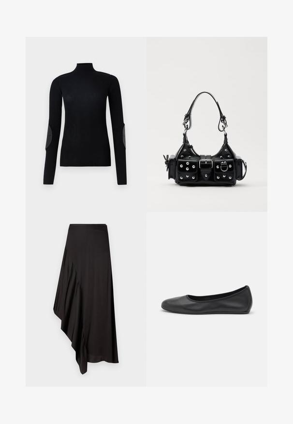 Juodas raukšlėtas golfas su ilgomis rankovėmis ir odinėmis alkūnėmis, pasižymintis prigludusia forma ir lygiu paviršiumi.; AERON ASTER SKIRT - Pieštukinis sijonas - black; Juodai odiniai baletai su apvaliu pirštu, lygi texture, minimalus siuvimo detales ir lanksčiu padų dizainu.; Juodas odinis rankinukas su kreiviu dizainu, su sidabro spalvos knopkėmis, užsegimu ir dviem šoninėmis kišenėmis. Reguliuojama dirželis nešimui.