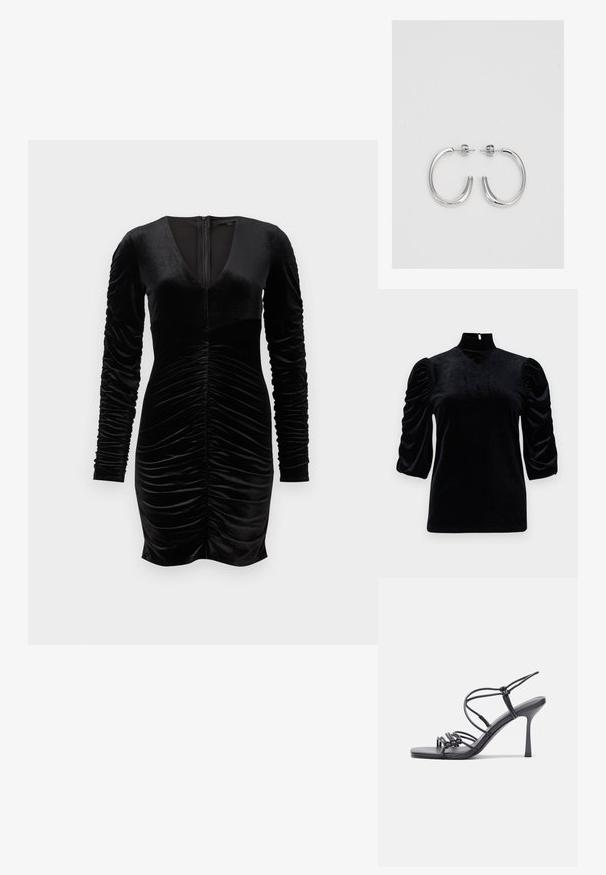 Czarna aksamitna bluzka z wysokim kołnierzem, krótkimi bufkami i wycięciem z tyłu. Gładka tekstura z dopasowanym krojem.; Czarna aksamitna sukienka z długimi bufkowymi rękawami, głębokim dekoltem w serek oraz marszczeniami z przodu. Zamek błyskawiczny z tyłu. Gładka faktura.; Czarne sandały na wysokim obcasie mają cienkie paski z węzłowym wzorem, gładki, kwadratowy czubek i smukły obcas w stylu szpilki.; Jasnoszara metaliczna torebka na łańcuszku, ozdobiona małymi okrągłymi metalowymi ćwiekami oraz trójkątnym logo marki.; Srebrne kolczyki na biglu o gładkim, błyszczącym wykończeniu. O zaokrąglonym kształcie, lekkim designie, z zamknięciem na zatrzask.