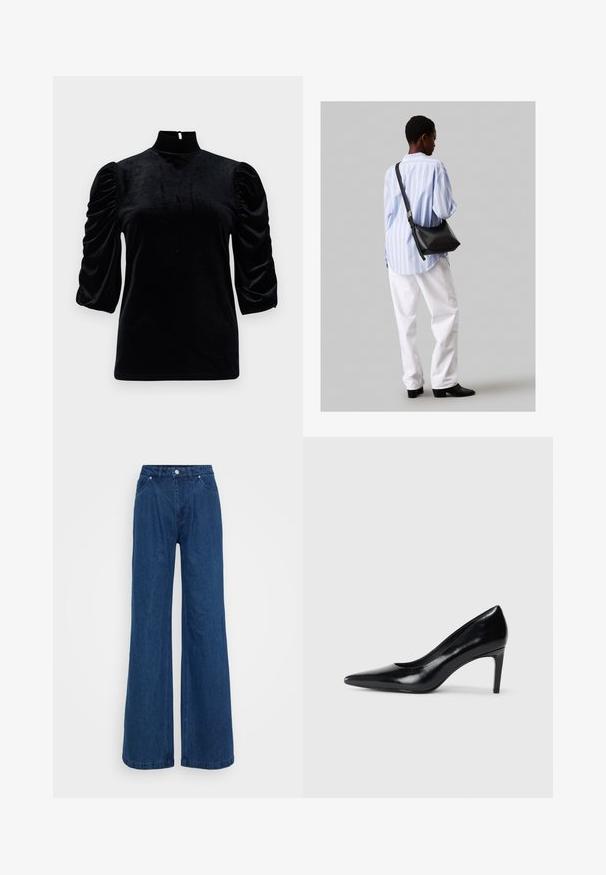 Top in velluto nero con colletto alto, maniche a sbuffo corte e dettaglio a occhiello sul retro. Texture liscia con una silhouette aderente.; Jeans in denim blu a gamba larga con vita alta, chiusura frontale con bottone e zip, e tasche anteriori e posteriori su uno sfondo semplice.; Scarpa con tacco alto in pelle nera, con punta affusolata, texture liscia e tacco rastremato. Design minimalista, senza ulteriori decorazioni.; Borsa a tracolla in pelle nera con una texture morbida, forma triangolare e tracolla regolabile, abbinata a una camicia a righe blu chiaro e pantaloni bianchi.