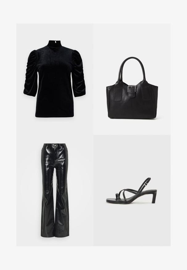 Haut en velours noir avec un col montant, des manches courtes à volants et un détail en trou de serrure dans le dos. Texture lisse avec une silhouette ajustée.; Pantalons évasés en simili cuir noir avec une finition brillante, dotés d'une taille haute, de poches avant et de détails en métal argenté.; Sandale noire à lanières avec un bout carré et un petit talon bloc. Elle présente plusieurs fines lanières et une sangle de cheville ajustable. Fabriquée en cuir lisse.; Sac fourre-tout en cuir noir avec une texture lisse, une forme structurée, deux poignées et un détail en boucle argentée proéminent à l'avant.