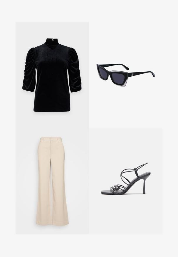 Must musta kõrge kaelusega, lühikeste puffvarrukatega ja seljaosa võtmeaugu detailiga. Sile tekstuur ja kehakujuline lõige.; Beeži laiad püksid sujuva tekstuuriga, kõrgendatud vöökoht ja kaks eesmist taskut. Puhtas disain, mis on kohandatud sobivusega.; Mustad musta värvi kontsandaalid on varustatud peente rihmadega, millel on sõlmekujundus, siledad ruudukujulised varbad ja stiilne stilettokonts.; Mustad suured mustad prillid geomeetrilise kujuga, tumedate läätsedega ja kontrastse halli detailiga raamidel. Logo käe peal.; Hõbedast rõngaskõrvarõngad sileda ja läikiva pinnaga, kõveriku kujuga ning postitaksega sulgur. Minimalistlik disain kaasaegse viimistlusega.