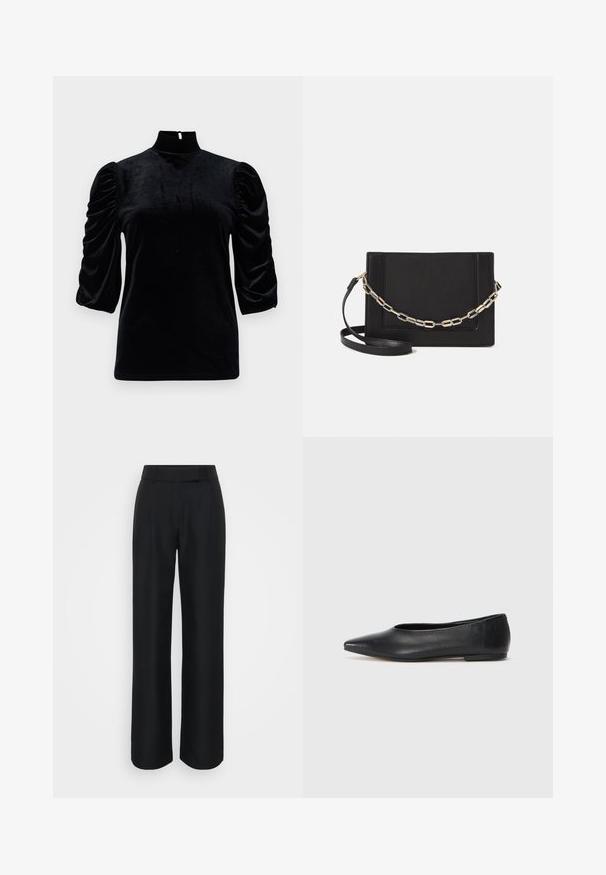 Top din catifea neagră cu guler înalt, mâneci scurte și puff, și un detaliu cu orificiu la spate. Textură netedă, cu o siluetă ajustată.; Pantaloni negri cu croi larg, realizati dintr-un material neted, avand talie inalta si pliseuri frontale subtile; fara modele vizibile sau accesorii metalice.; Balerini din piele neagră, vârf ascuțit, design minimalist, textură netedă, toc de mică înălțime, fără hardware sau embellishments vizibile.; Geantă de umăr din piele neagră, cu o textură netedă, formă rectangulară și un detaliu din lanț metalic în față. Include curea reglabilă.