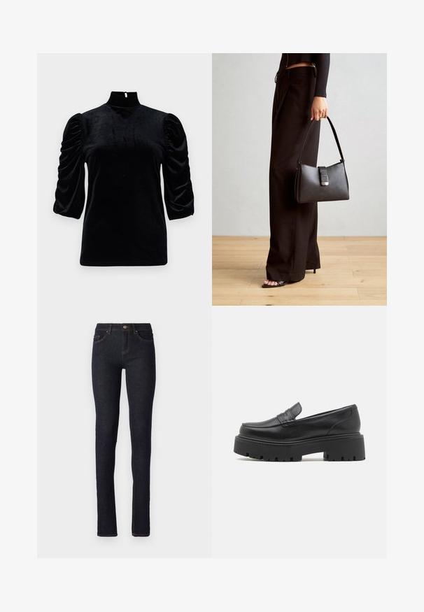 Fekete bársonytop magas gallérral, rövid puffos ujjakkal és hátul kulcslyuk részlettel. Simább textúrájú, testre simuló fazon.; Sötétkék farmernadrág, slim fit fazonnal, magas derékkal, öt zsebbél, narancssárga varrással a varratok mentén.; Fekete bőr loafer-ek alacsony, vaskos gumitalpakkal, varrott díszítéssel a felső részen és sima felülettel.; Fekete kézi táska strukturált formával, sima textúrával és fémből készült záródással. Széles fekete nadrággal és nyitott orrú szandállal párosítva, fából készült padlón.
