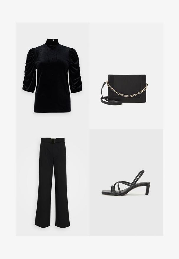 Černý sametový top s vysokým límcem, krátkými jarmulkami a klíčovou dírkou na zádech. Hladká textura s ženským střihem.; Černé kalhoty s širokými nohavicemi vyrobené z lehkého materiálu, s hladkým povrchem, předními záhyby a pásem se čtvercovou kovovou sponou.; Černé sandály na tenkém podpatku se čtveratou špičkou a nízkým blokovým podpatkem. Mají několik tenkých popruhů a nastavitelné zapínání okolo kotníku. Vyrobeny z hladké kůže.; Černá kožená crossbody taška s hladkým povrchem, obdélníkovým tvarem a kovovým řetízkem na přední straně. Součástí je nastavitelný popruh.