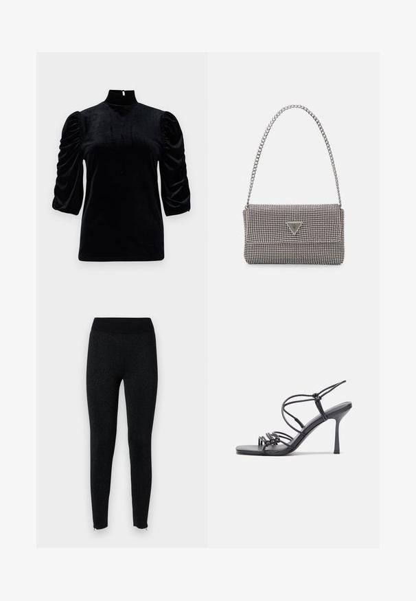 Mustakurkkuinen samettitoppi, jossa on korkea kaulus, lyhyet puffihihat ja avotakaosa. Sileä pinta ja istuva leikkuu.; Mustat legginsit, joissa on ribbimäinen vyötärö, valmistettu teksturoidusta kankaasta, jossa on hienovarainen metallinen kiilto, ja nilkassa vetoketjut.; Mustat korkokengät sandaalit, joissa on ohuet hihnat solmittuna, sileä neliön muotoinen varvasosa ja tyylikäs stiletto-korko.; Vaalea harmaa metallinen käsilaukku, jossa on ketjusanka. Laukku on koristeltu pienillä pyöreillä metallikoruilla ja kolmion muotoisella brändilogolla.; Hopehopeet hopehopeet hopehopeet hopehopeet, jolla on sileä, kiiltävä pinta. Pyöreä muoto, kevyt rakenne, jossa on neulakiinnitys.