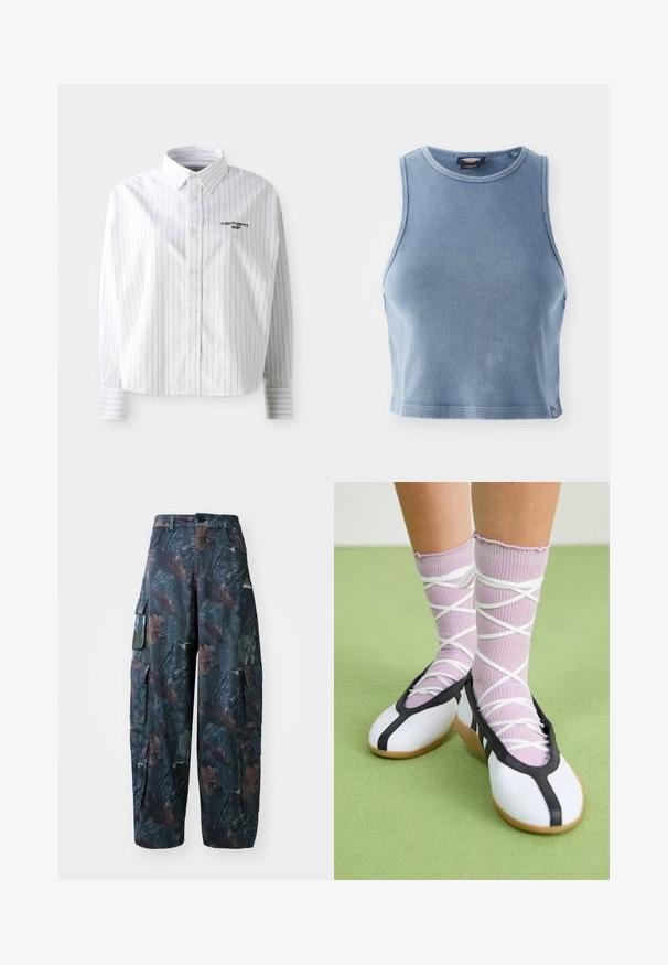 Camisa blanca de manga larga con rayas verticales grises, cuello tipo botón y logo en el pecho izquierdo. Tela suave con un corte relajado.; Top corto acanalado de color azul claro con un escote redondo y diseño sin mangas. Textura suave y un pequeño detalle de logo en el dobladillo.; Pantalones cargo de camuflaje en verde oscuro y marrón, con múltiples bolsillos y un ajuste holgado, hechos de una tela ligera y resistente.; Zapatos planos blancos con ribetes y suela negra, combinados con calcetines acanalados de color púrpura claro que presentan tiras blancas entrelazadas. Ambientado sobre un fondo verde.