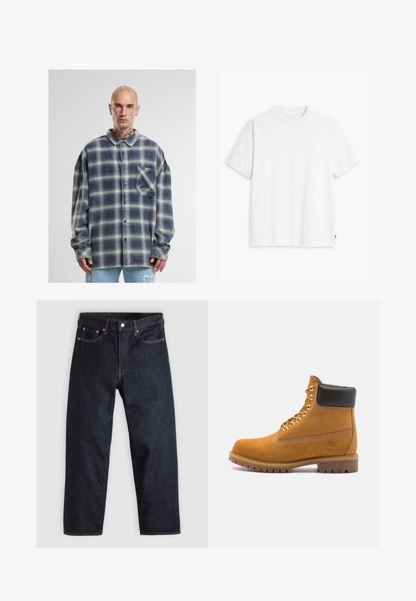 Kék és bézs kockás flaneling, gombos kialakítással, zsebbel és hosszú ujjakkal. Puha, texturált anyag.; Fehér pamut rövid ujjú póló, kerek nyakkivágással és egy finom, világos színű "Levi's" logóval az elején.; Sötétkék farmernadrág egyenes szabással, öt zsebbel, kontrasztos narancssárga varrással és gombos záródással. Nem látható rajta mintázat vagy díszítés.; Barna velúr bokacipő fekete párnázott gallérral, arany fém fűzőlyukakkal, fehér varrási részletekkel és durva gumitalppal, amelynek kifejezett barázdái vannak.