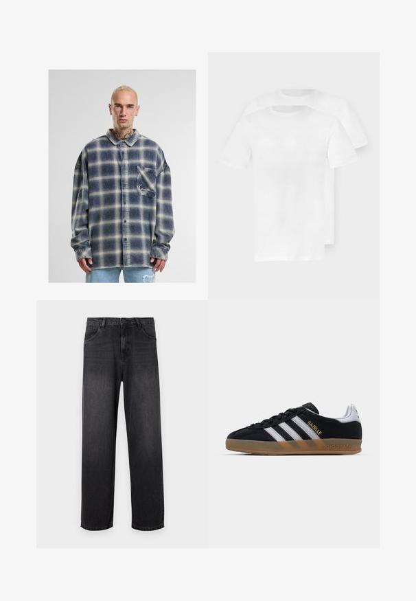 Kék és bézs kockás flaneling, gombos kialakítással, zsebbel és hosszú ujjakkal. Puha, texturált anyag.; Két sima, fehér pamut rövid ujjú póló, kerek nyakkivágással és sima, puha textúrával, kissé eltolva egymáson elhelyezve.; Sötétszürke farmernadrág egyenes szárú kialakítással, cipzáros nyitással, öt zsebbel és finom elhalványulásokkal az anyagon.; Fekete velúr sportcipő fehér csíkokkal, bézs gumitalppal és arany "Gazelle" logóval. Klasszikus alacsony felső kialakítás, texturált felsőrészzel.
