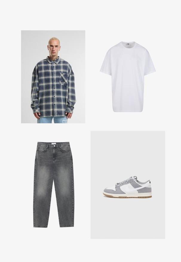 Flanellipaita, jossa on sininen ja beige ruutukuosi, napitusdesign, taskut ja pitkät hihat. Pehmeä, tekstuuriainen kangas.; Valkoinen puuvillainen t-paita, jossa on lyhyet hihat, pyöreä kaula-aukko, rento istuvuus ja ei näkyviä logoja tai kuvioita. Sileä pinta ja minimaalinen muotoilu.; Korkeavyötäröiset, väljät farkut haalistuneesta mustasta denimestä. Ominaisuuksiin kuuluu viisi taskua, vyölenkit ja siisti, suora lahjetyyli.; Harmaa ja valkoinen lenkkari, jossa on mokka- ja nahkapinta, pyöreä kärki, litteät nauhat ja kumipohja, jossa on vaahtomuoviväri.