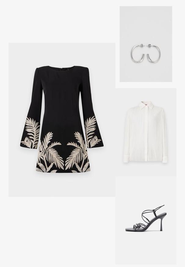 Weißes plissiertes Hemd mit klassischem Kragen, langen Ärmeln und Knopfverschluss, mit weicher Textur und subtiler Helligkeit.; Schwarzes Kleid mit ausgestellten Ärmeln, verziert mit goldenen, gestickten Palmblattmotiven am Saum und an den Ärmeln. Hergestellt aus glattem Stoff.; Schwarze, hochhackige Sandalen mit dünnen Riemen und einem geknoteten Design, einer glatten, rechteckigen Zehenpartie und einem eleganten Stiletto-Absatz.; Hellegraue metallische Handtasche mit einer Kettenriemen, verziert mit kleinen kreisförmigen metallic Nieten und einem dreieckigen Markenlogo.; Silberne Creolen mit einer glatten, glänzenden Oberfläche. Abgerundete Form, leichtes Design, mit einer Steckverschluss.