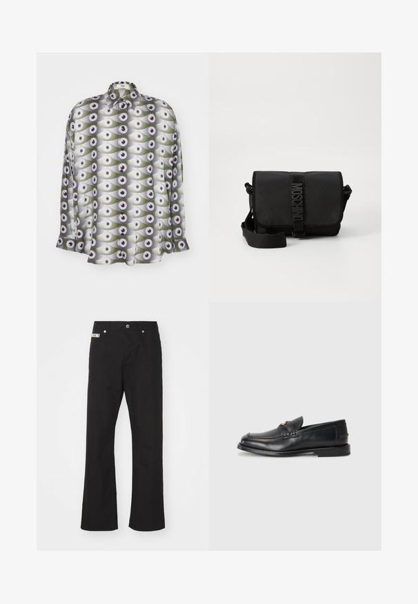 Pitkähihaista paitaa on valmistettu kevyestä kankaasta, ja siinä on toistuva silmäkuvio vihreissä ja harmaissa sävyissä mustilla yksityiskohdilla ja nöyryärillä.; Mustat puuvillaiset housut suoralla lahkeella, joissa on edessä nappisulku, kaksi sivutaskua ja pieni merkkilogo vyötäröllä.; Mustat nahkaiset loaferit, joissa on pyöreä varvas, tikatut yksityiskohdat ja pieni kultainen yksityiskohta edessä. Pohja on litteä ja huomaamaton.; Musta nailoninen olkalaukku läpällä, jonka edustalla on näyttävä logonauhakiinnitys, säädettävä olkahihna ja sivusaumapistos yksityiskohtia.
