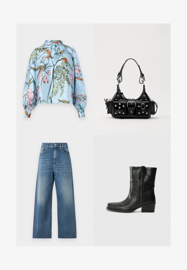 Himmelbluse aus Satin mit floralem Muster in Rosa- und Orangetönen, hohem Kragen und puffierten Ärmeln mit gerafften Bündchen.; Hochtaillierte, weite Jeans aus blauem Denim mit einem verwaschenen Finish. Merkmale sind vordere Taschen und ein einfacher Knopfverschluss.; Schwarze Leder-Ankle Boots mit runder Zehenform, Blockabsatz, seitlichem Reißverschluss und gestickten Akzenten auf dem Blatt. Glatte Textur, klassisches Design.; Schwarze Lederhandtasche mit einem geschwungenen Design, verziert mit silbernen Nieten, einer Schnalle und zwei seitlichen Taschen. Verstellbarer Träger für verschiedene Tragemöglichkeiten.