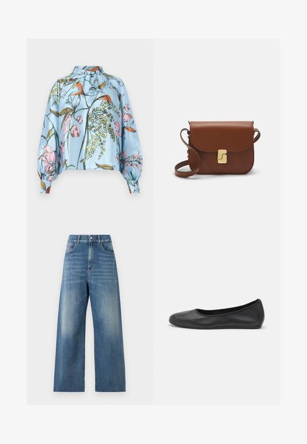 Blusa di raso azzurro chiaro con stampa floreale in tonalità rosa e arancio, colletto alto e maniche puff con polsini arricciati.; Jeans a vita alta e gamba larga realizzati in denim blu con una finitura sbiadita. Presentano tasche frontali e una chiusura con un singolo bottone.; Pantofole da balletto nere in pelle con punta arrotondata, texture liscia, dettagli di cucitura minimi e design con suola flessibile.; Borsa a tracolla in pelle marrone con chiusura a pattina, hardware color oro, tracolla e una finitura liscia. Forma rettangolare compatta.