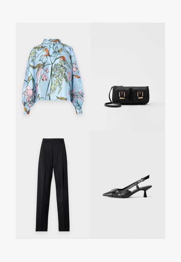 Blusa de satén azul claro con un estampado floral en tonos rosa y naranja, cuello alto y mangas abullonadas con puños fruncidos.; Pantalones negros de tela suave con cintura alta, piernas amplias, pliegues frontales y lazos de cinturón clásicos. No hay bolsillos laterales visibles.; Zapato de slingback negro de piel con punta afilada, correas decorativas con ojales de metal y un tacón bajo y ancho. Superficie texturizada.; Bolso cruzado de cuero negro con dos bolsillos frontales, hebillas doradas, cierre de cremallera y una correa delgada. Superficie texturizada y forma rectangular compacta.
