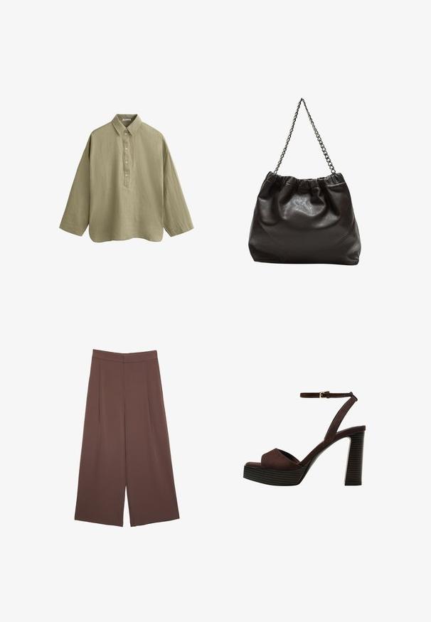 Svetlo olivovo zelená košeľa s dlhými rukávmi vyrobená z textúrovanej tkaniny. Obsahuje golier na zapínanie a má mierne voľný, uvoľnený strih.; Hnedé nohavice so širokými nohavicami a hladkou textúrou, s vysokým pásom a prednými skladmi. Tkanina je ľahká a voľne sa pohybuje.; Hnedé semišové sandále na vysokom podpätku s otvorenou špičkou, nastaviteľným členkovým remienkom a pruhovanou platformovou podrážkou.; Hnedá kožená taška so zberaným vrchom a reťazovým popruhom. Hladký povrch s lesklým finišom a jemným švom po stranách.