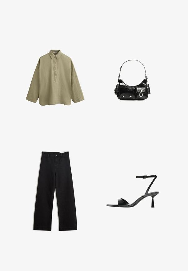Jasno oliwkowa, długi rękaw, koszula wykonana z teksturowanej tkaniny. Posiada kołnierzyk na guziki oraz nieco luźniejszy, zrelaksowany krój.; Czarne dżinsowe spodnie o szerokich nogawkach i wysokim stanie, z przednimi i tylnymi kieszeniami, przeszyciami oraz zapięciem na guziki. Gładka struktura.; Bershka - Sandały na obcasie; Czarna torebka z lakierowanej skóry o zaokrąglonym kształcie, z jednym paskiem na ramię, przednimi kieszeniami i akcentami w kolorze srebrnym.