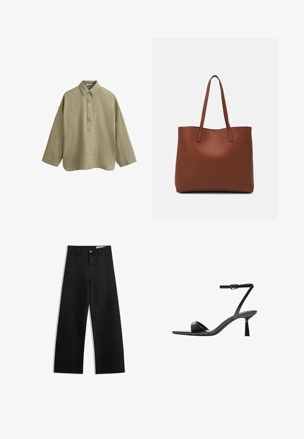 Camicia a maniche lunghe di un verde oliva chiaro realizzata in tessuto testurizzato. Presenta un colletto con bottoni e una vestibilità leggermente oversize e rilassata.; Pantaloni in denim neri a gamba larga con vita alta, dotati di tasche anteriori e posteriori, cuciture a punto, e chiusura con bottone. Texture liscia.; Bershka Sandali con tacco - black; Borsa tote in pelle marrone con texture liscia, design con apertura superiore e due spallacci. Presenta cuciture minime e nessun hardware visibile.