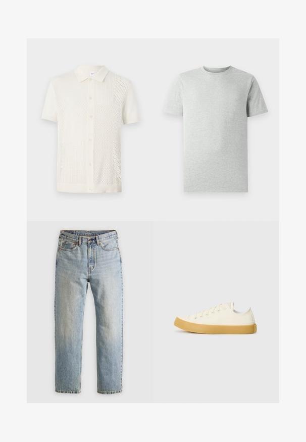Koszula polo z krótkim rękawem w kolorze kremowym, wykonana z dzianiny, z teksturowanym wzorem, z zapięciem na guziki i klasycznym kołnierzykiem.; Jasnoszara koszulka typu T-shirt z krótkim rękawem i okrągłym dekoltem, wyeksponowana na białym tle, widok z przodu bez widocznych logo czy wzorów.; Jasnoniebieskie dżinsy z wysokim stanem, z guzikiem z przodu, zamkiem błyskawicznym i pięcioma kieszeniami, ułożone na płasko na neutralnym tle.; Płócienne sneakersy w odcieniu ecru z okrągłym noskiem, charakteryzujące się beżowymi gumowymi podeszwami i pięcioma otworami na sznurówki, z teksturowanym wykończeniem cholewy.