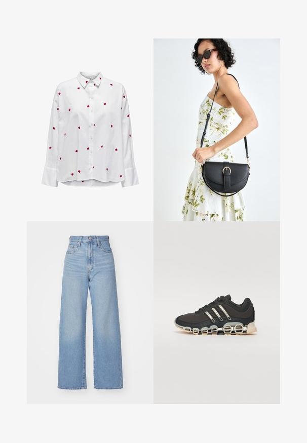 Camisa branca de manga longa com colarinho clássico, apresentando bordados de corações vermelhos espalhados pelo tecido. Frente abotoada e mangas com punhos.; Jeans de cintura alta e perna larga em azul claro, com fecho frontal de botão e zíper, bolsos frontais e traseiros, sobre um fundo branco.; Shoe desportivo preto com um upper texturizado, três riscas prateadas e uma sola de amortecimento distinta, apresentando múltiplas secções integradas.; Bolsa de couro preta com forma curva, alça destacável e detalhes em dourado. A bolsa possui uma aba com detalhe de fivela.