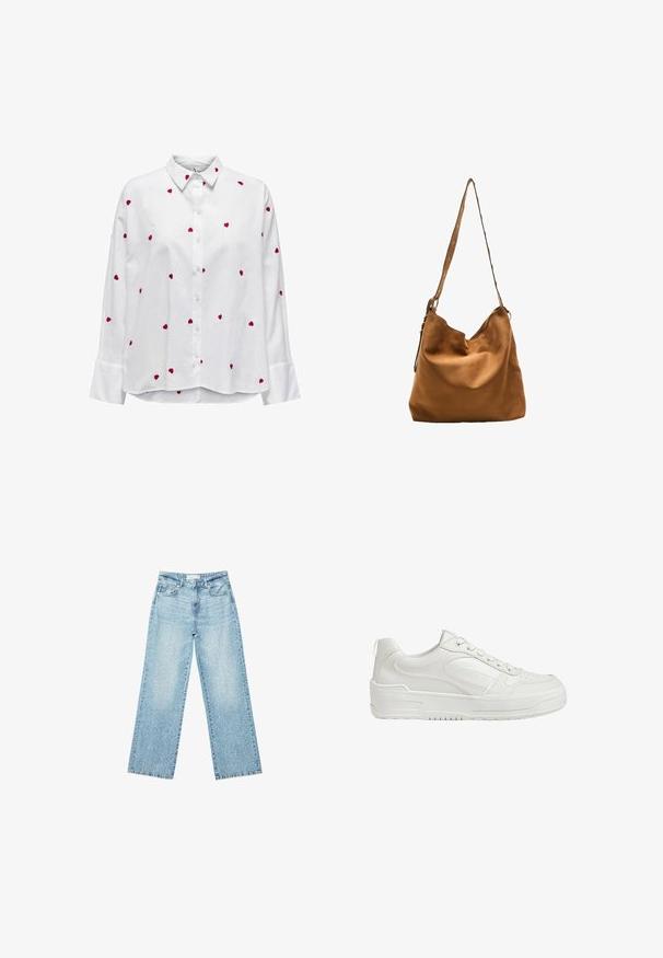 Biała koszula z długimi rękawami i klasycznym kołnierzykiem, ozdobiona haftowanymi czerwonymi sercami rozmieszczonymi na materiale. Zapięcie na guziki z przodu i mankiety.; Jasnoniebieskie jeansy z szerokimi nogawkami i wysokim stanem, z lekko wybledzonym wykończeniem i drobnymi, rozproszonymi przetarciami.; Białe skórzane trampki o gładkiej fakturze, z wyściełanym kostkiem i perforowanym noskiem. Posiadają lekko podwyższoną gumową podeszwę i sznurowany fason.; Brązowa skórzana torba na ramię o miękkiej fakturze, zakrzywionym górnym brzegu oraz długim pasku z dekoracyjnymi metalowymi nity.