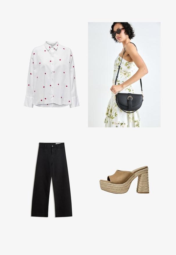 Cămașă albă cu mâneci lungi și guler clasic, decorată cu broderie în formă de inimă roșie, dispersată pe material. Croială cu nasturi pe față și mâneci cu manșete.; Pantaloni din denim negri cu picioare largi, cu talie înaltă, având buzunare frontale și posterioare, cusături dublate și închidere cu nasture. Textură netedă.; Mule-uri din suede maro cu talpă platformă și vârf deschis, având un toc chunky din jută împletită și un design superior neted, rotund.; Geantă din piele neagră, cu o formă curbată, curea detașabilă și accesorii aurii. Geanta are un capac cu un detaliu tip cataramă.