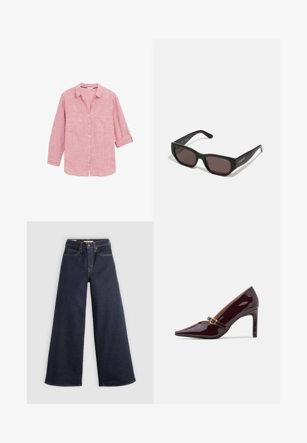 Rot mit Karomuster, langärmliges Hemd mit Button-Down-Kragen, zwei Vorderaschen und hochgerollten Ärmeln, aus leichtem Stoff gefertigt.; Helle-bein Jeans aus Denim in Dunkelblau mit Kontrastnähten. Mit traditionellem Fünf-Taschen-Design und einem Knopfverschluss an der Taille.; Patente burgunderfarbene High Heels mit spitzer Zehenpartie, Knöchelriemen mit goldfarbenen Beschlägen und einer eleganten, polierten Oberfläche. Erhöhter Stiletto-Absatz.; Schwarze rechteckige Sonnenbrille mit dunklen Gläsern. Verfügt über ein glattes Kunststoffgestell und ein Logo-Detail an den Bügeln. Sauberes, modernes Design.; Burgunderfarbene Handtasche aus synthetischem Material mit strukturiertem Design, ausgestattet mit einem abnehmbaren Trageriemen und einem blumenmusternden Schal, der am Griff gebunden ist.