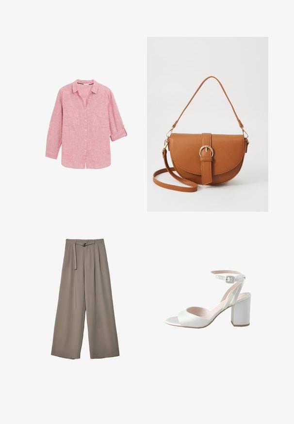 Crvena karirana košulja dugih rukava s ovratnikom na dugme, dva prednja džepa i smotanim rukavima, izrađena od laganog materijala.; Široke hlače u mekoj, prigušenoj sivoj tkanini, s remenom na struku i plisiranim detaljima za dodatni dizajn. Glatka tekstura, bez uzoraka.; Bijela sandala s visokom petom, s sjajnom satenskom gornjom, širokim blok petom i remenom oko gležnja s malom kopčom. Glatke teksture, minimalističkog dizajna.; Smeđa kožna torba preko tijela s zakrivljenim oblikom, zlatnim metalnim detaljima i naglaskom na kopču. Ima odvojivu naramenicu.
