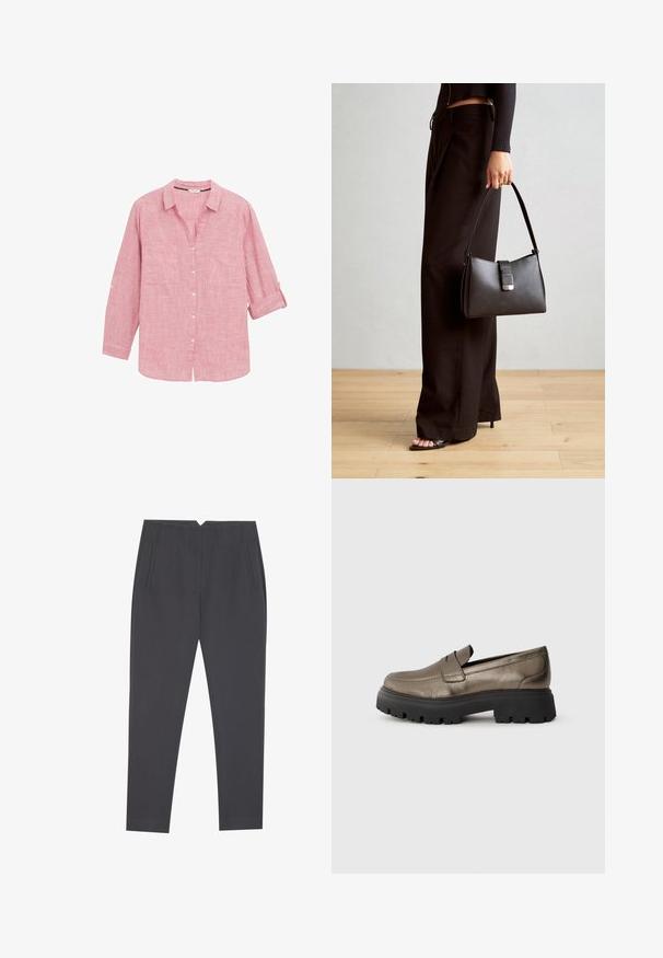 Rot mit Karomuster, langärmliges Hemd mit Button-Down-Kragen, zwei Vorderaschen und hochgerollten Ärmeln, aus leichtem Stoff gefertigt.; Dunkelgraue, taillierte Hose mit seitlichen Taschen und vorderen Falten, entworfen für eine maßgeschneiderte Passform.; Metallisch olivgrüne Lederloafer mit abgerundeter Spitze, schwarzer klobiger Gummisohle und minimalem Nahtdetail an der Oberseite.; Schwarze Handtasche mit strukturierter Form, glatter Textur und einem metallischen Verschluss. Kombiniert mit weiten schwarzen Hosen und offenen Sandalen auf einem Holzboden.