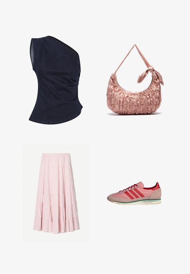 Tamni traper top s jednim ramenom, s naboranom teksturom i zakrivljenim rubom. Tkanina ima suptilan sjaj i strukturirani kroj.; Svijetlo ružičasta, slojevita maxi suknja izrađena od teksturirane, lagane tkanine. Elastična jedinica struka i lepršavi rub s naborima.; Roze i crvene atletske cipele koje sadrže kožu i antilop, tri pruge na akcentima, teksturirani jezičak i potplat sa zelenim prugama.; Roza satenska torba preko ramena s nabrana teksturom, zakrivljenim oblikom i čvorastim detaljem trake. Glatka površina s prošivenim akcentima.