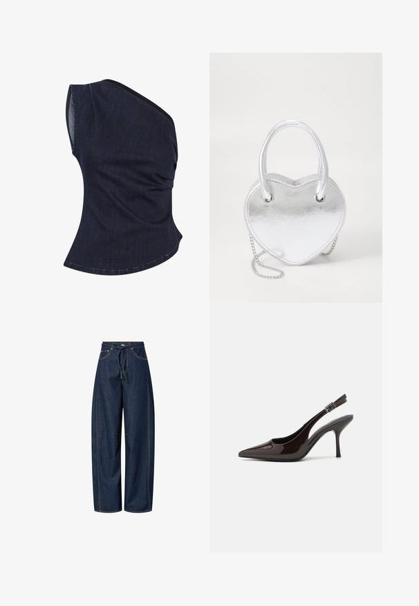 Tumšas denima topi ar vienu plecu dizainu, ar savelkamu tekstūru un izliekumu apakšmalā. Audumam ir diskrēta spīduma un strukturēta piegriezuma.; Plaši denimi bikses tumši zilā krāsā ar auklas jostu, kontrastējošām šuvēm un divām priekšējām kabatām. Gluda tekstūra, brīva pieguļošana.; Slingback augstpapēžu kurpe ar spīdīgu tumši brūnu lakotu ādu, ar norādītu purngalu, atvērtām pusēm un regulējamu potītes siksniņu.; Sudraba metāla sirds formas soma ar divām rokturēm, ķēdes siksnu un gludu faktūru. Iespējas ietver metāla furnitūru un izšūtas malas.