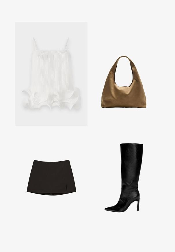 Top bianco a pieghe con spalline regolabili, dotato di un orlo ondulato a volant e una texture liscia. Tessuto leggero con righe verticali.; Minigonna nera in tessuto liscio, con design dritto, spacchi laterali e orlo pulito. Semplice e versatile.; Stivale in pelle nera fino al ginocchio con punta affusolata, tacco a spillo alto, finitura liscia e design semplice ed elegante senza decorazioni.; Borsa a spalla in tessuto marrone con un corpo ampio e arrotondato e una grande maniglia a taglio. Texture morbida, design minimalista e senza hardware visibile.