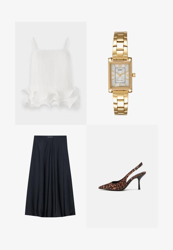 Bijela plisirana majica s podesivim naramenicama, s valovitim volanom na rubu i glatkom teksturom. Lagani materijal s uspravnim linijama.; Crna suknja do koljena izrađena od lagane tkanine s lepršavim dizajnom. Ima glatku teksturu i suptilne plisirane detalje.; Slingback visoke potpetice s uzorkom leoparda, šiljatog vrha, crnim sjajnim potpeticom i podesivim remenom oko gležnja. Mekani materijal s teksturiranom završnom obradom.; Zlatni pravokutni ručni sat s bijelim brojčanikom, srebrnim oznakama sati i dugotrajnom metalnom narukvicom. Uključena značajka vodootpornosti.