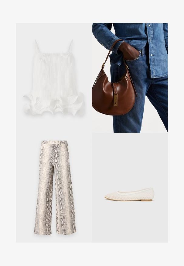 Biały bluzka plisowana z regulowanymi ramiączkami, z falbaniastym, falistym dołem i gładką teksturą. Lekki materiał z pionowymi liniami.; Spodnie typu wide-leg w wzór wężowy, z kremowo-szarym schematem kolorów, wykonane z fakturowanej tkaniny o wysokim stanie.; Białe płaskie buty z siateczkowym wzorem, ostro zakończone, z niską, płaską podeszwą. Teksturowana cholewka z gładką podszewką i subtelnymi kontrastowymi wykończeniami.; Brązowa skórzana torebka hobo w zaokrąglonym kształcie, z akcentami w złotym kolorze i kontrastowym przeszyciem. Połączona z dżinsową koszulą i spodniami dżinsowymi.